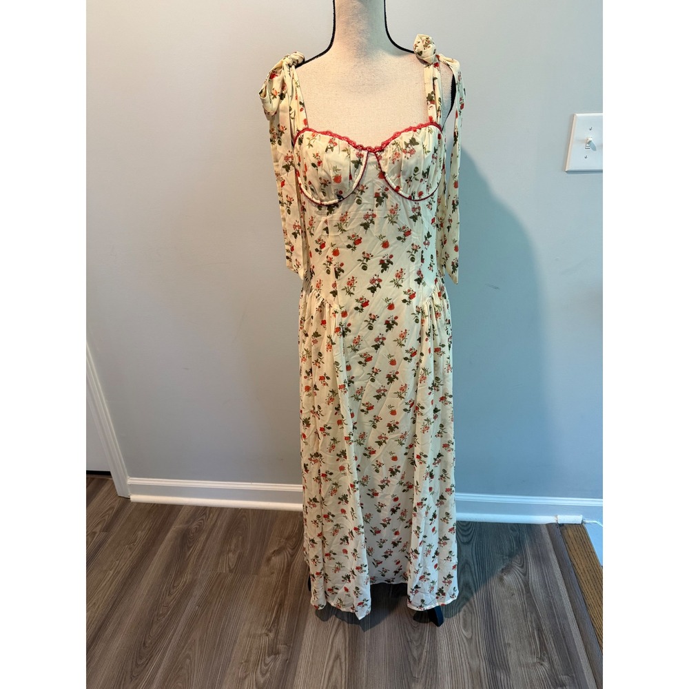 Vici Floral Chiffon Bustier Tie Shoulder Midi Dress Cream Red Rose size Large - Picture 5 of 10